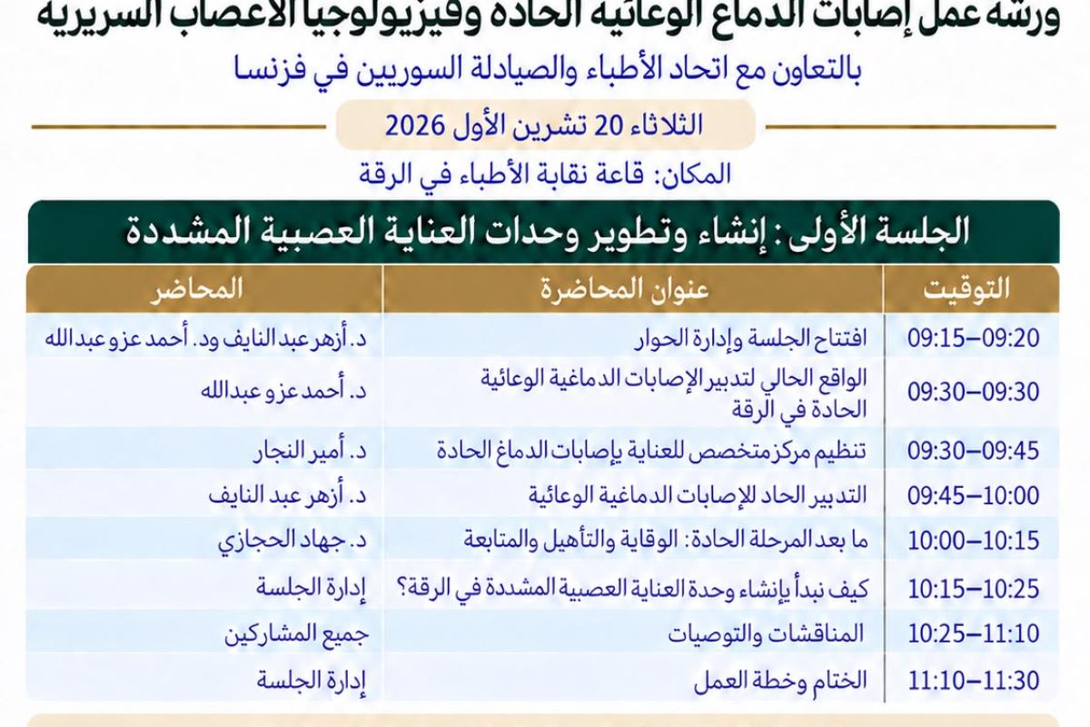 ورشة عمل إصابات الدماغ الوعائية الحادة وفيزيولوجيا الاعصاب السريرية - الرقة 2026